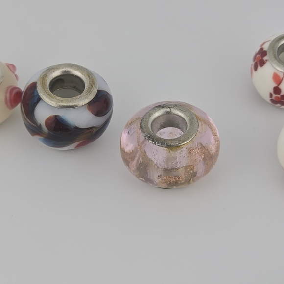 Lot of 6 Lampwork Murano Glass Beads Floral Swirl Pink White Charm Silver Cores - Picture 2 of 8